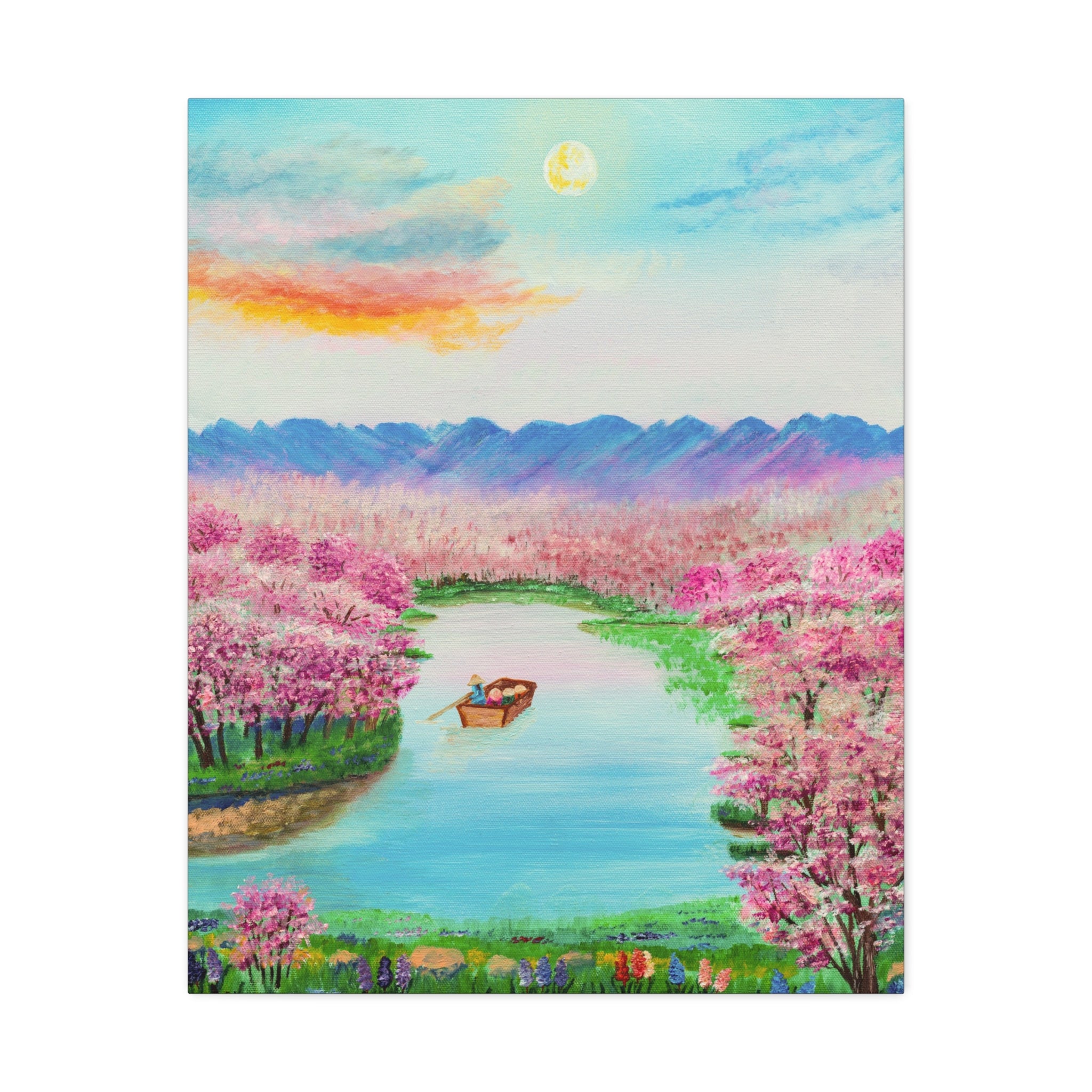 Cherry Blossom River Stretched Canvas Wall Art — Serene Boat Landscape Print
