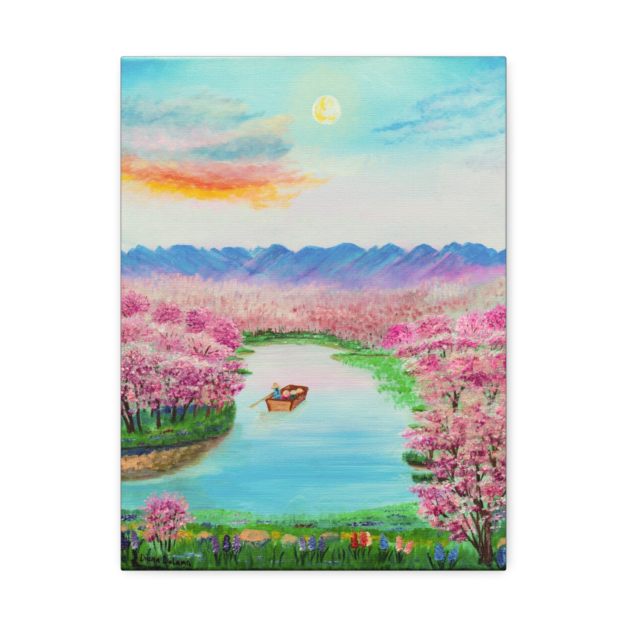 Cherry Blossom River Stretched Canvas Wall Art — Serene Boat Landscape Print
