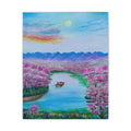 Cherry Blossom River Canvas Print — Serene Boat Landscape Wall Art