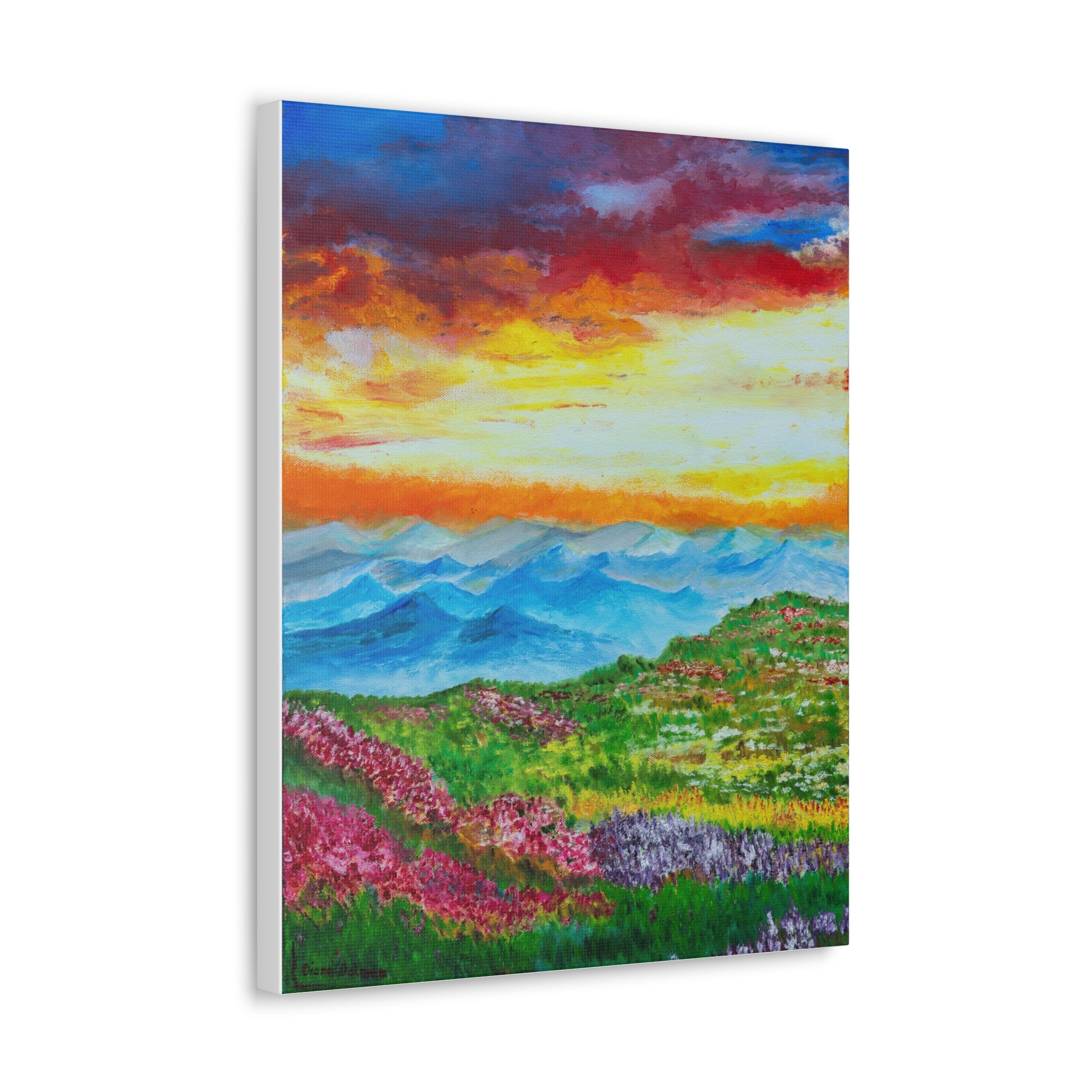 Sunset Mountain Meadow Canvas Print — Vibrant Landscape Wall Art