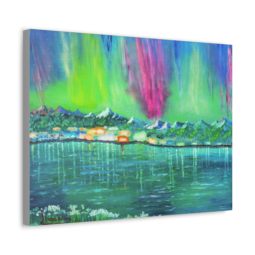Aurora Lake Stretched Canvas - Vibrant Northern Lights Landscape Wall Art