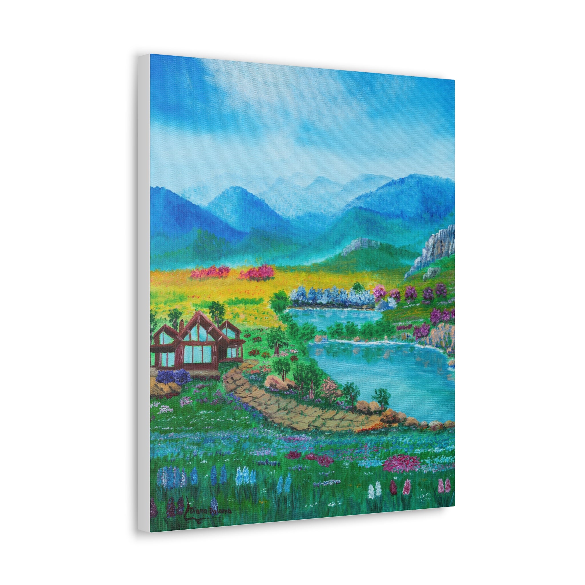 Tranquil Lakeside Cottage Canvas Art – Scenic Mountain Meadow Wall Decor