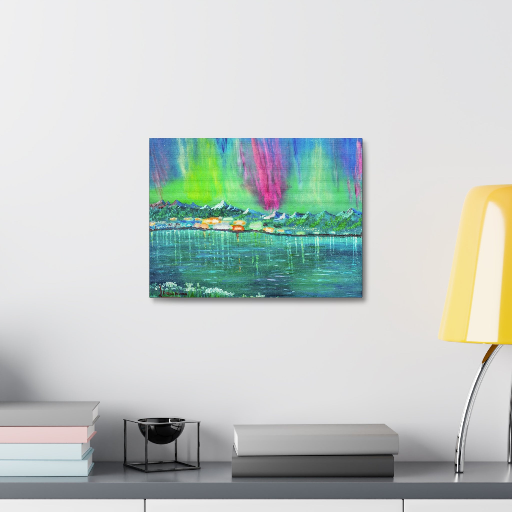 Aurora Lake Stretched Canvas - Vibrant Northern Lights Landscape Wall Art