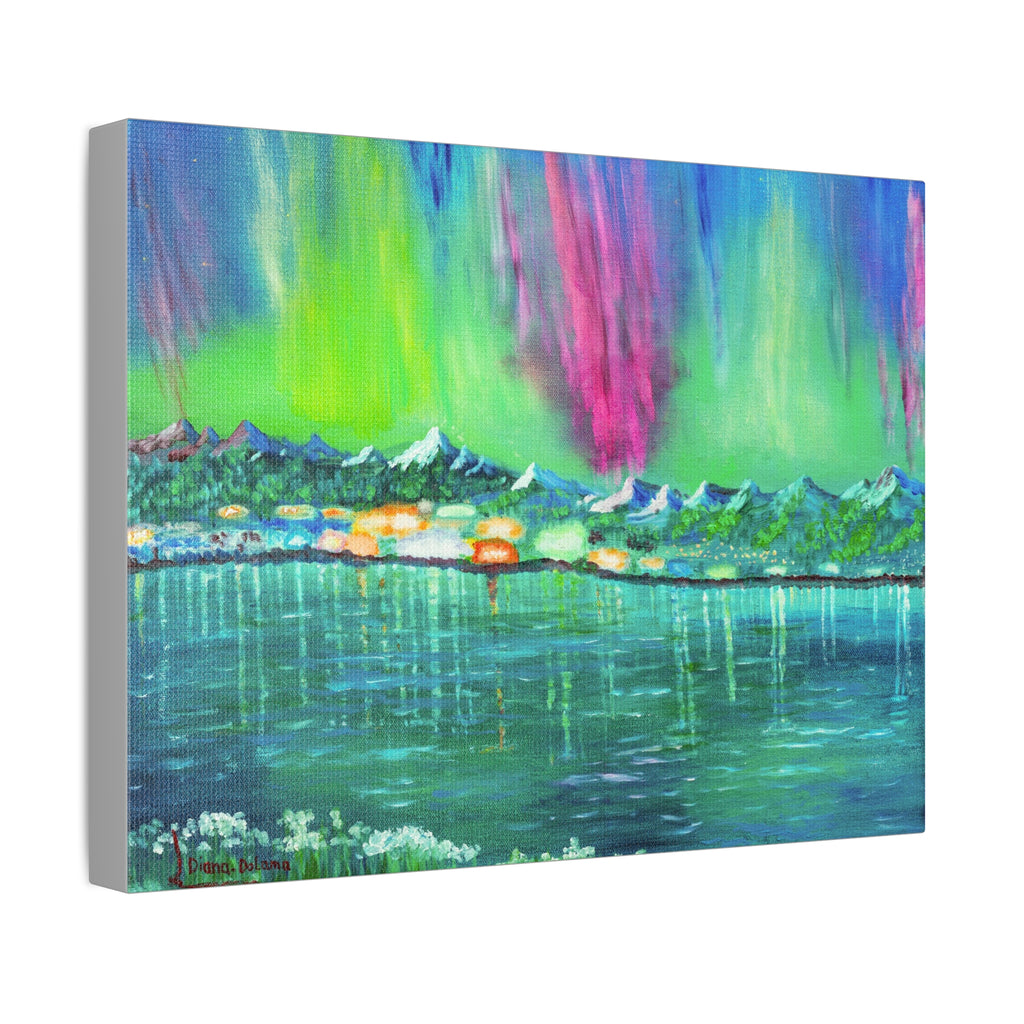 Aurora Lake Stretched Canvas - Vibrant Northern Lights Landscape Wall Art