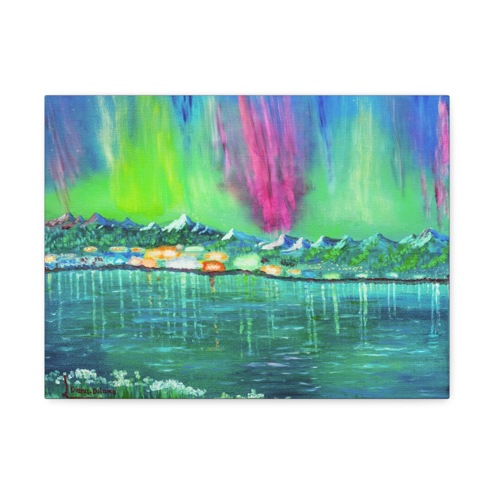 Aurora Lake Stretched Canvas - Vibrant Northern Lights Landscape Wall Art