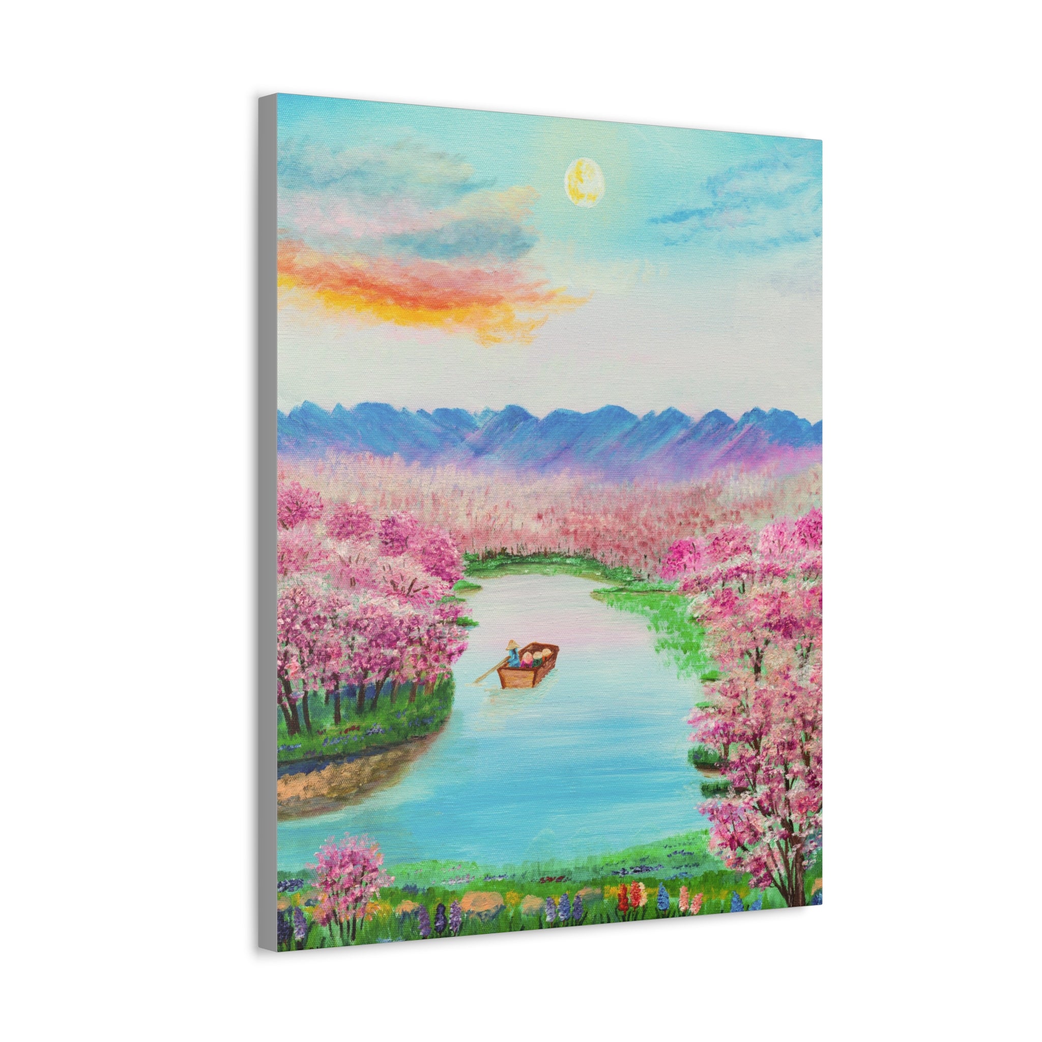 Cherry Blossom River Stretched Canvas Wall Art — Serene Boat Landscape Print