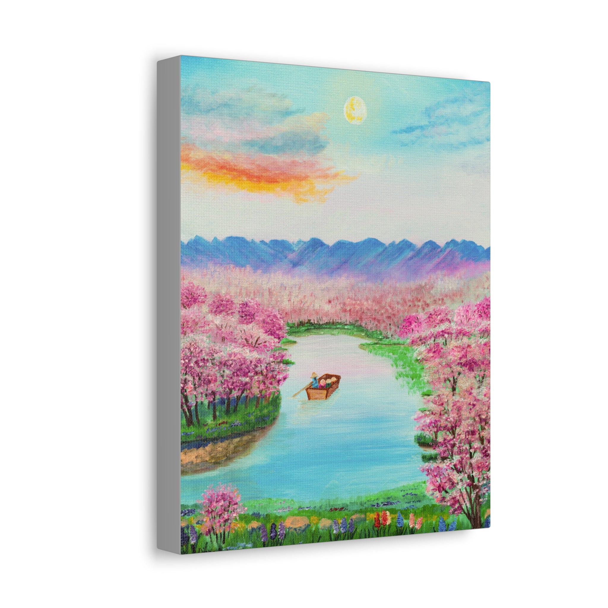 Cherry Blossom River Stretched Canvas Wall Art — Serene Boat Landscape Print