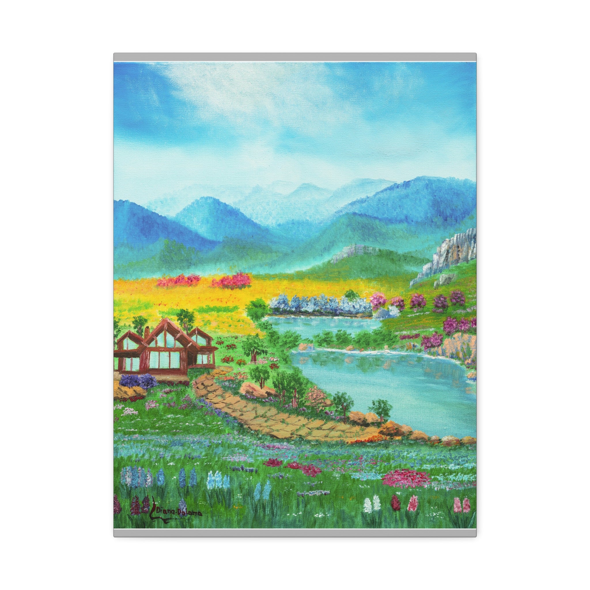 Countryside Lake Stretched Canvas – Spring Meadow Landscape Wall Art