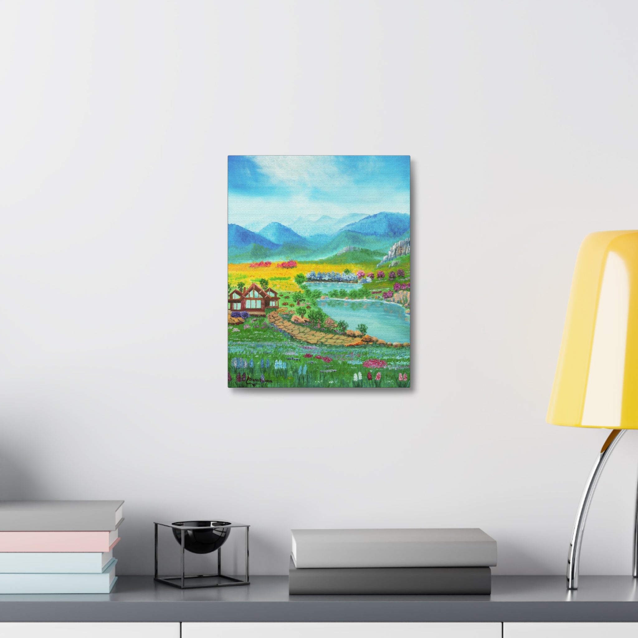 Countryside Lake Stretched Canvas – Spring Meadow Landscape Wall Art