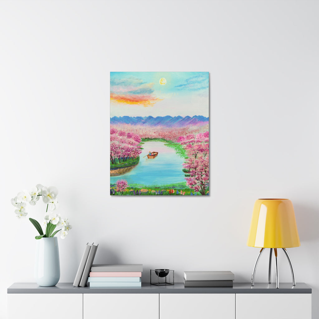 Cherry Blossom River Stretched Canvas Wall Art — Serene Boat Landscape Print