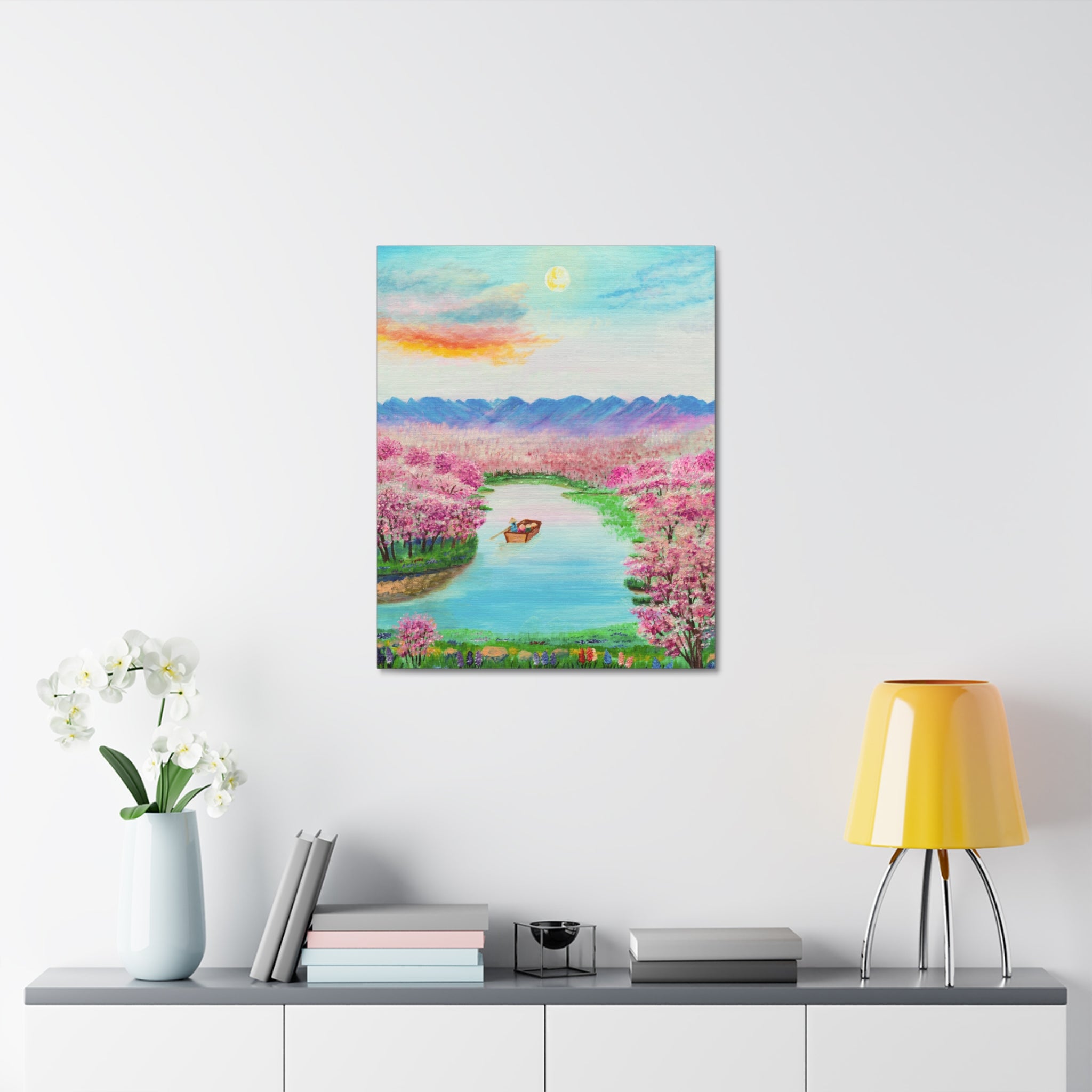 Cherry Blossom River Stretched Canvas Wall Art — Serene Boat Landscape Print