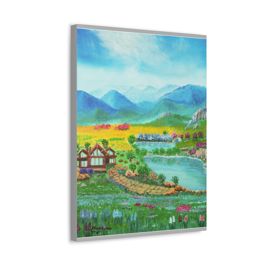 Countryside Lake Stretched Canvas – Spring Meadow Landscape Wall Art