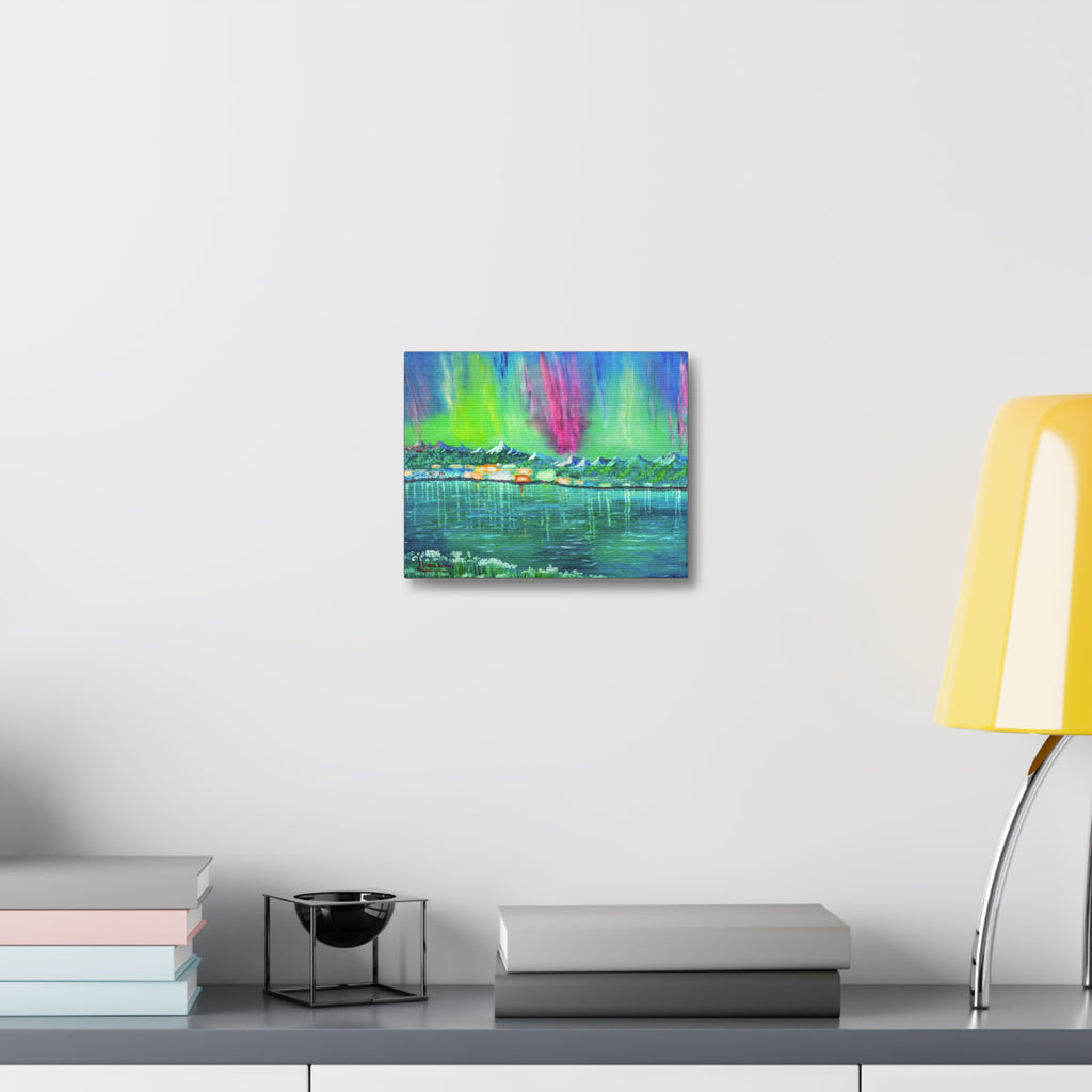 Aurora Lake Stretched Canvas - Vibrant Northern Lights Landscape Wall Art