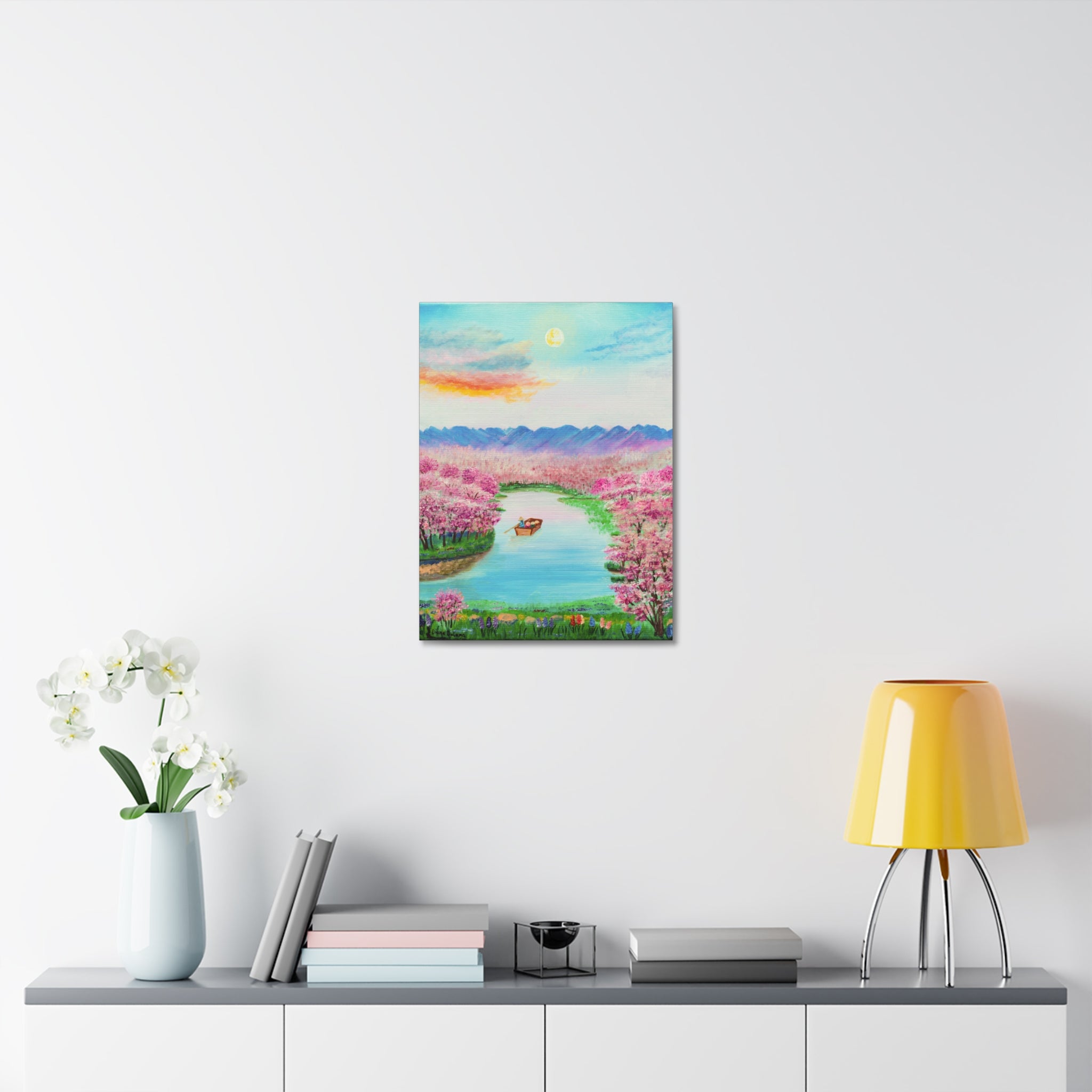 Cherry Blossom River Stretched Canvas Wall Art — Serene Boat Landscape Print