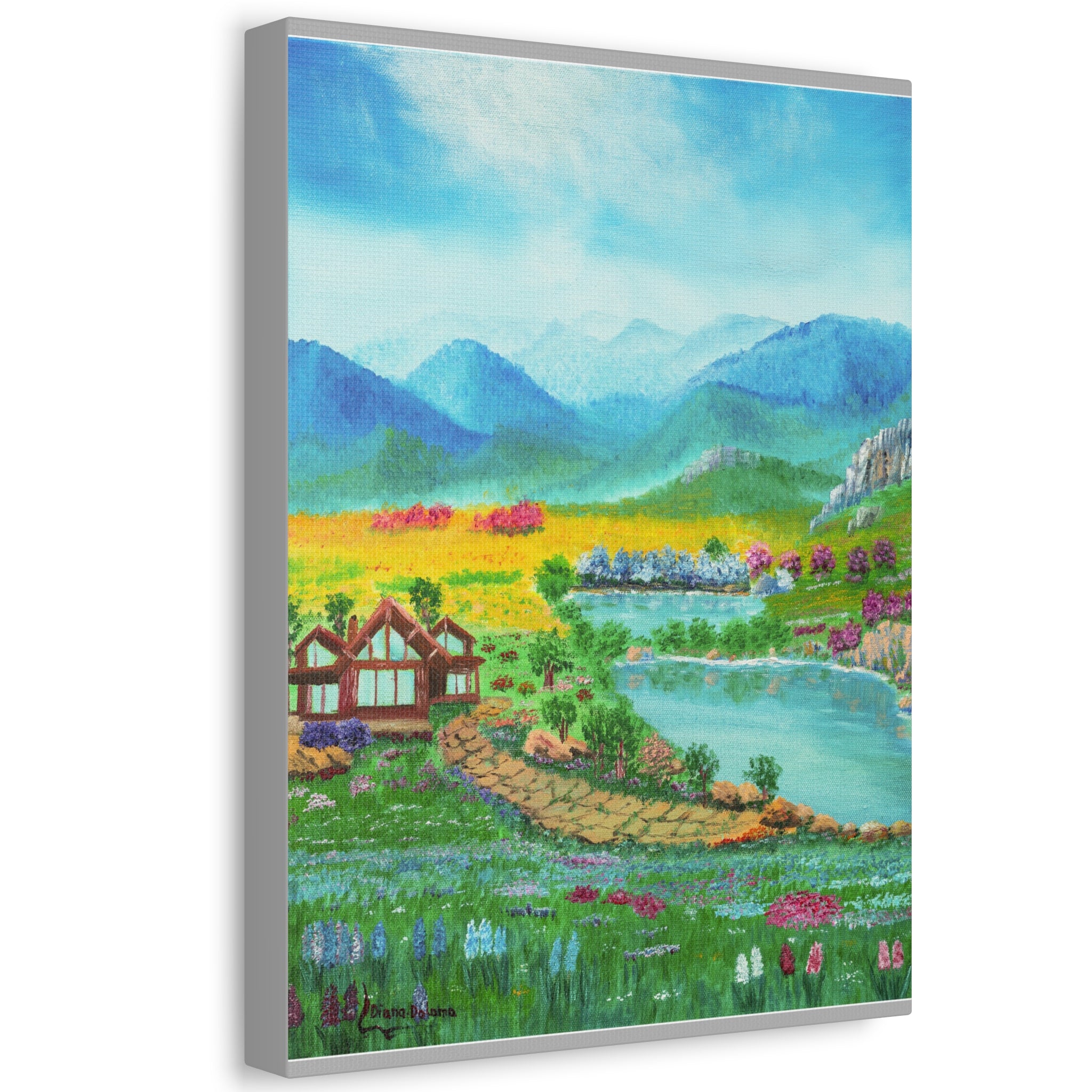 Countryside Lake Stretched Canvas – Spring Meadow Landscape Wall Art