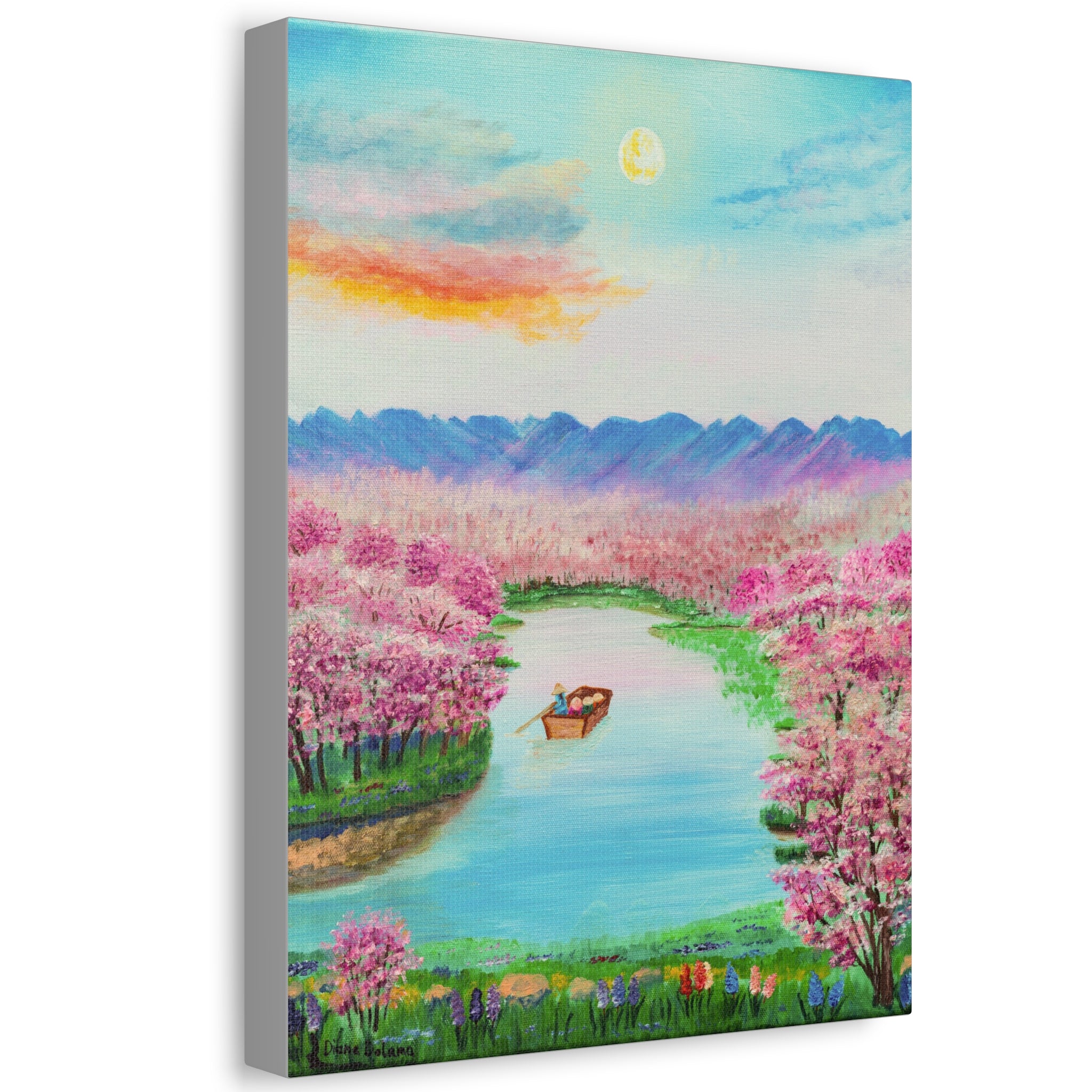 Cherry Blossom River Stretched Canvas Wall Art — Serene Boat Landscape Print