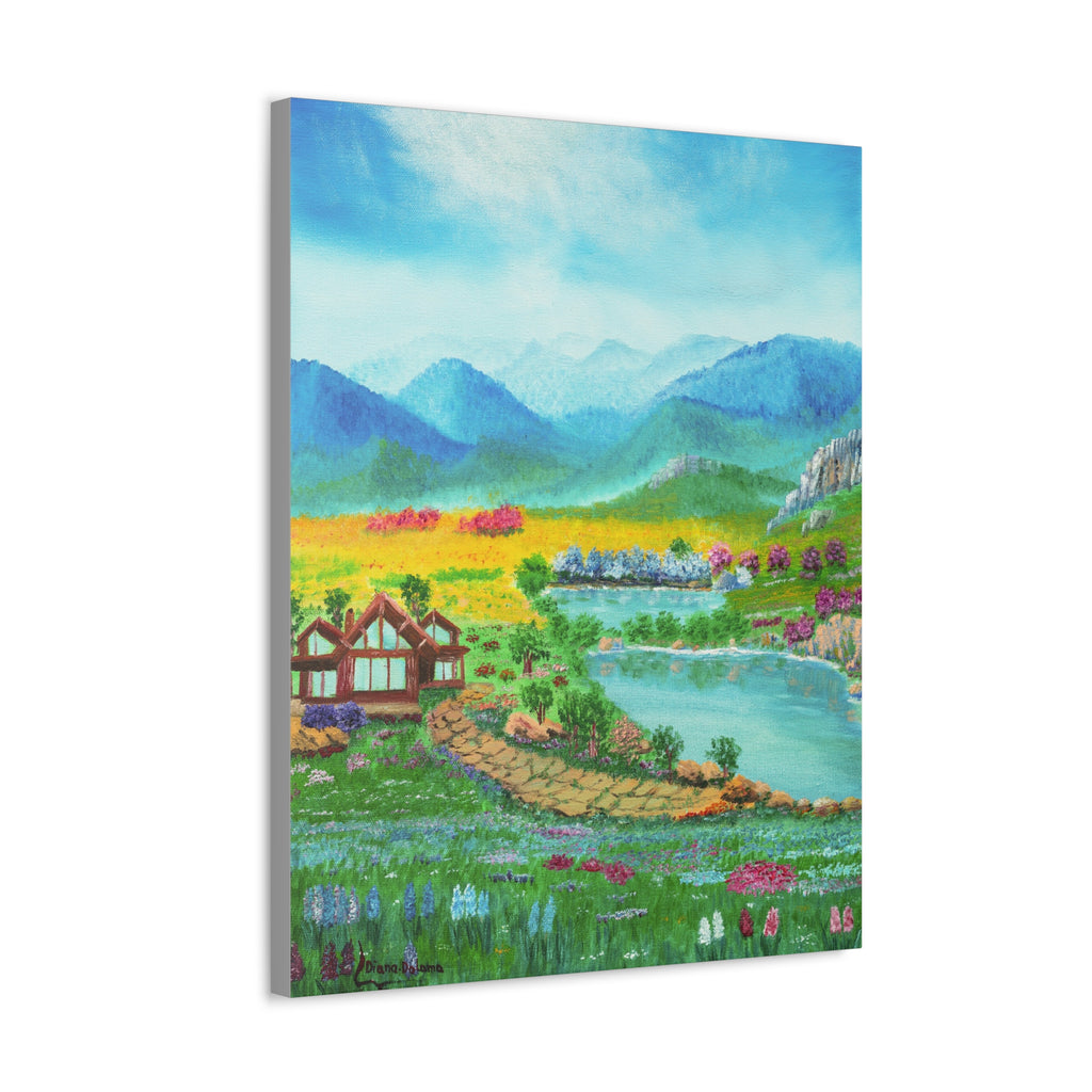 Countryside Lake Stretched Canvas – Spring Meadow Landscape Wall Art