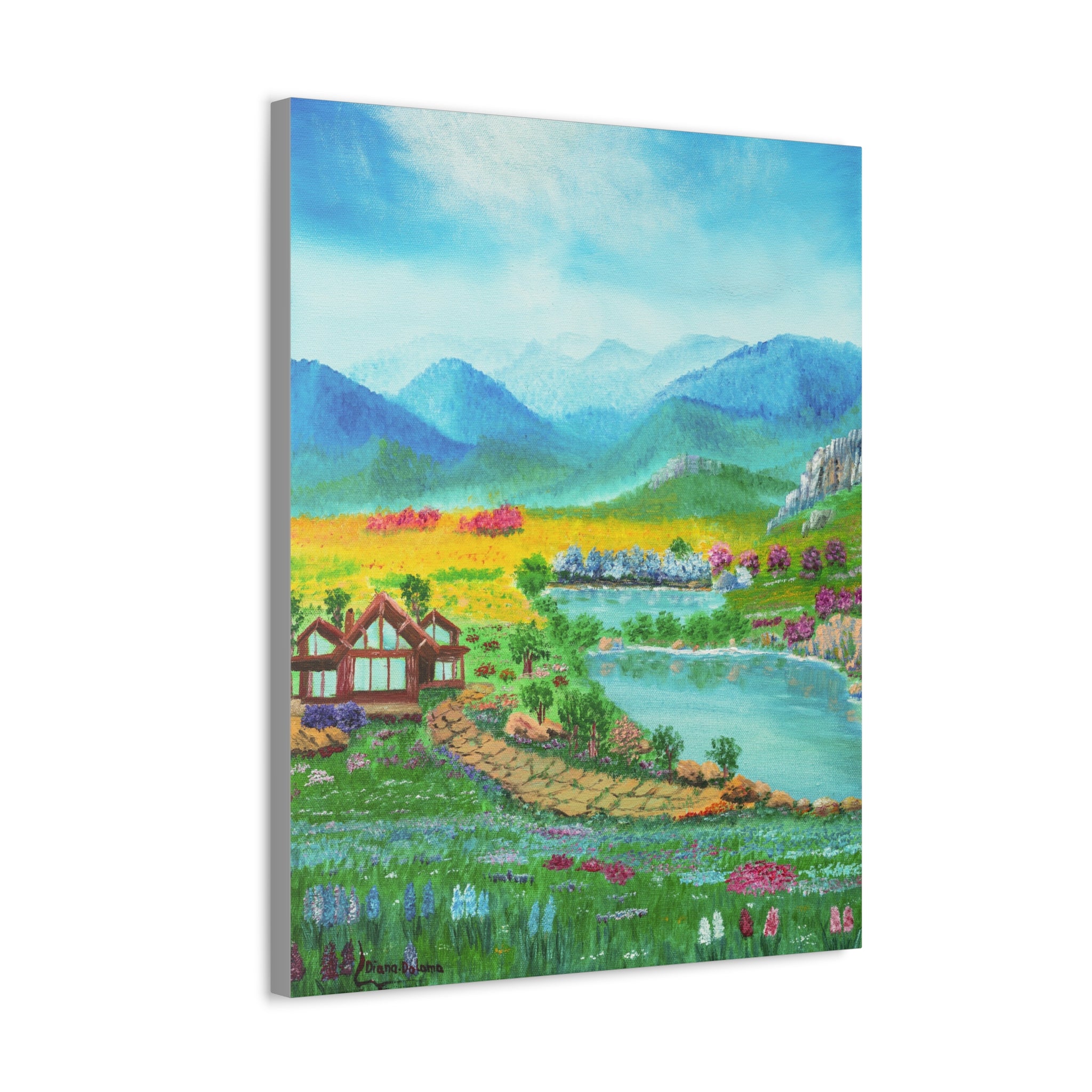Countryside Lake Stretched Canvas – Spring Meadow Landscape Wall Art