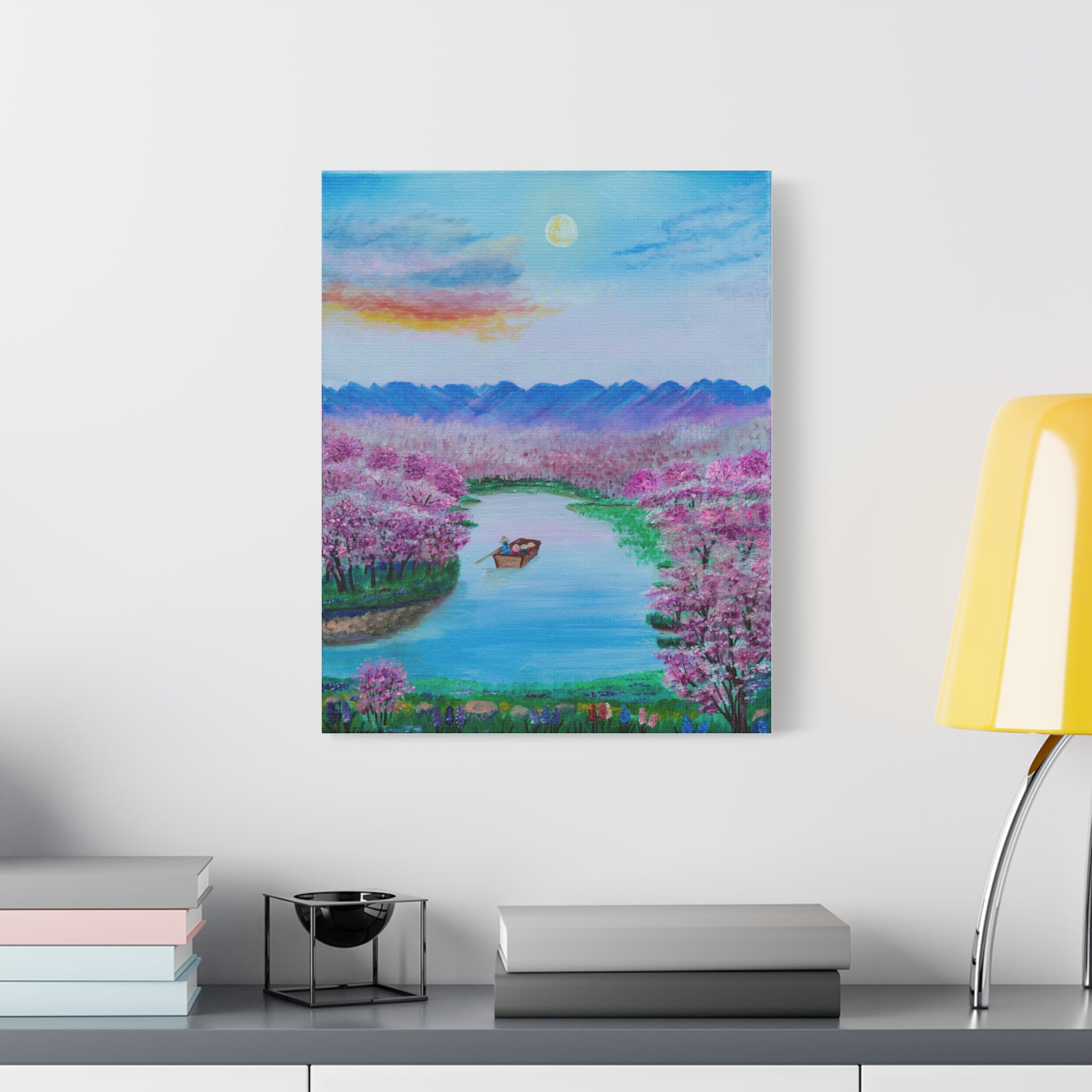 Cherry Blossom River Canvas Print — Serene Boat Landscape Wall Art