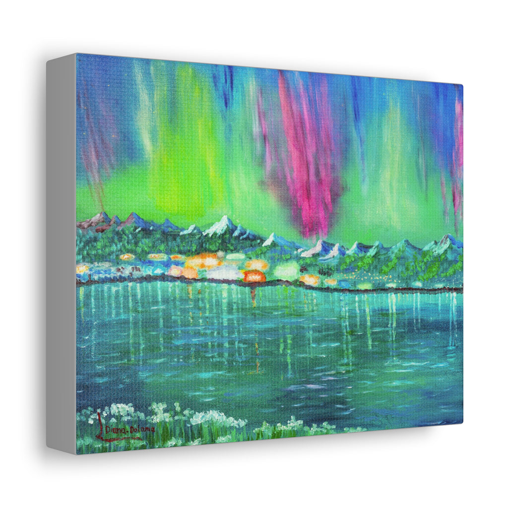 Aurora Lake Stretched Canvas - Vibrant Northern Lights Landscape Wall Art