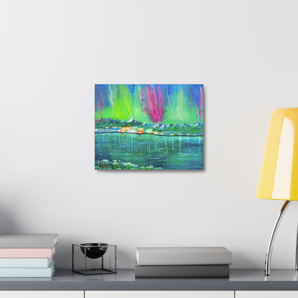 Aurora Lake Stretched Canvas - Vibrant Northern Lights Landscape Wall Art
