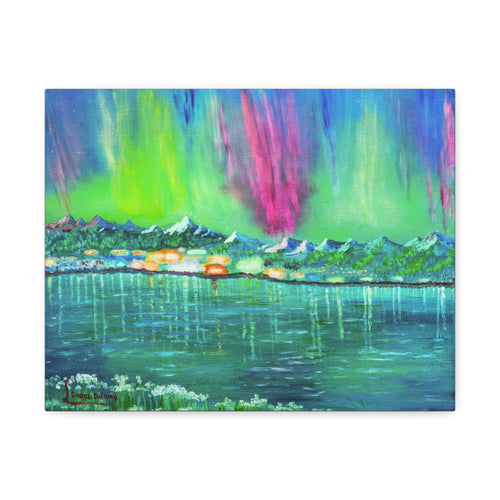 Aurora Lake Stretched Canvas - Vibrant Northern Lights Landscape Wall Art