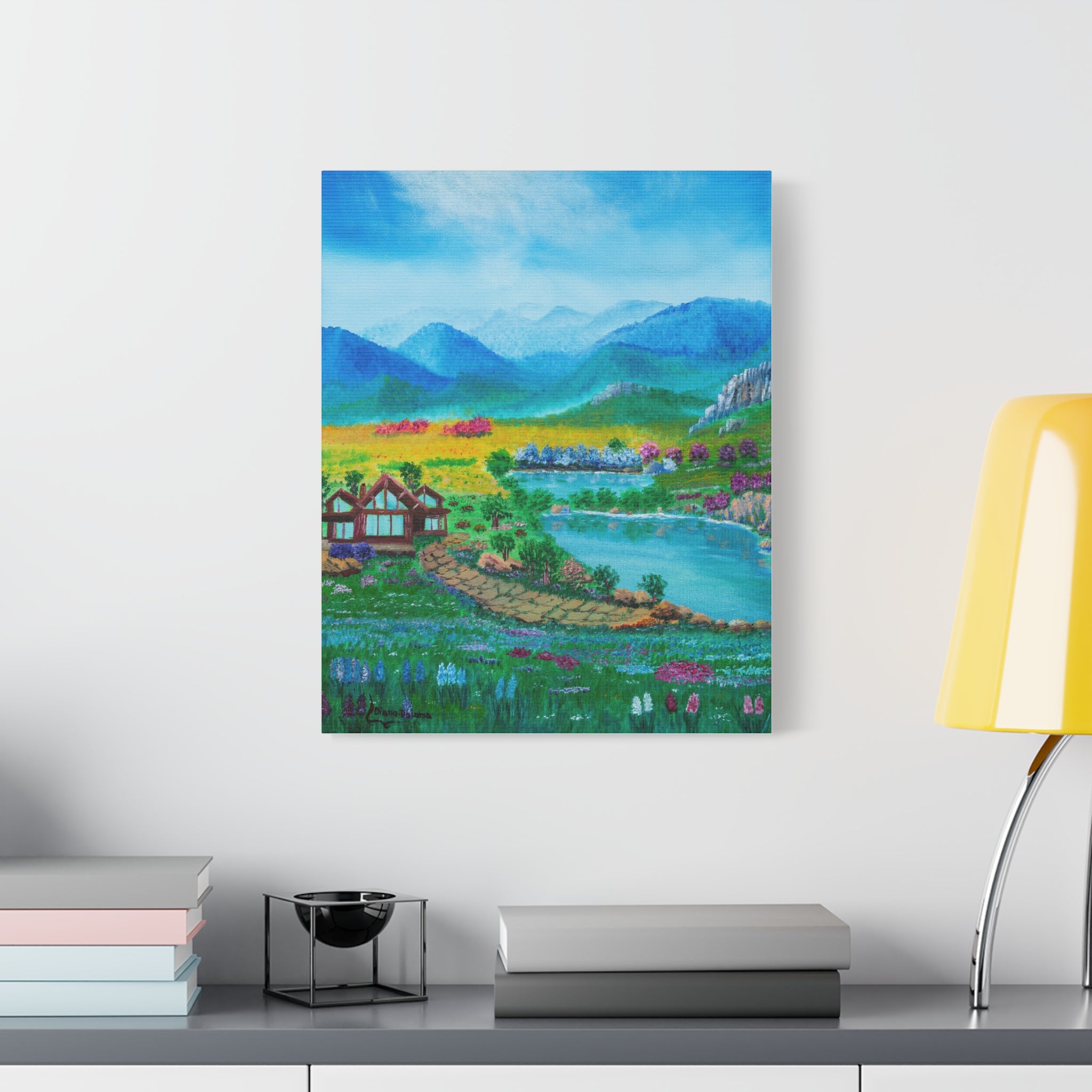 Tranquil Lakeside Cottage Canvas Art – Scenic Mountain Meadow Wall Decor