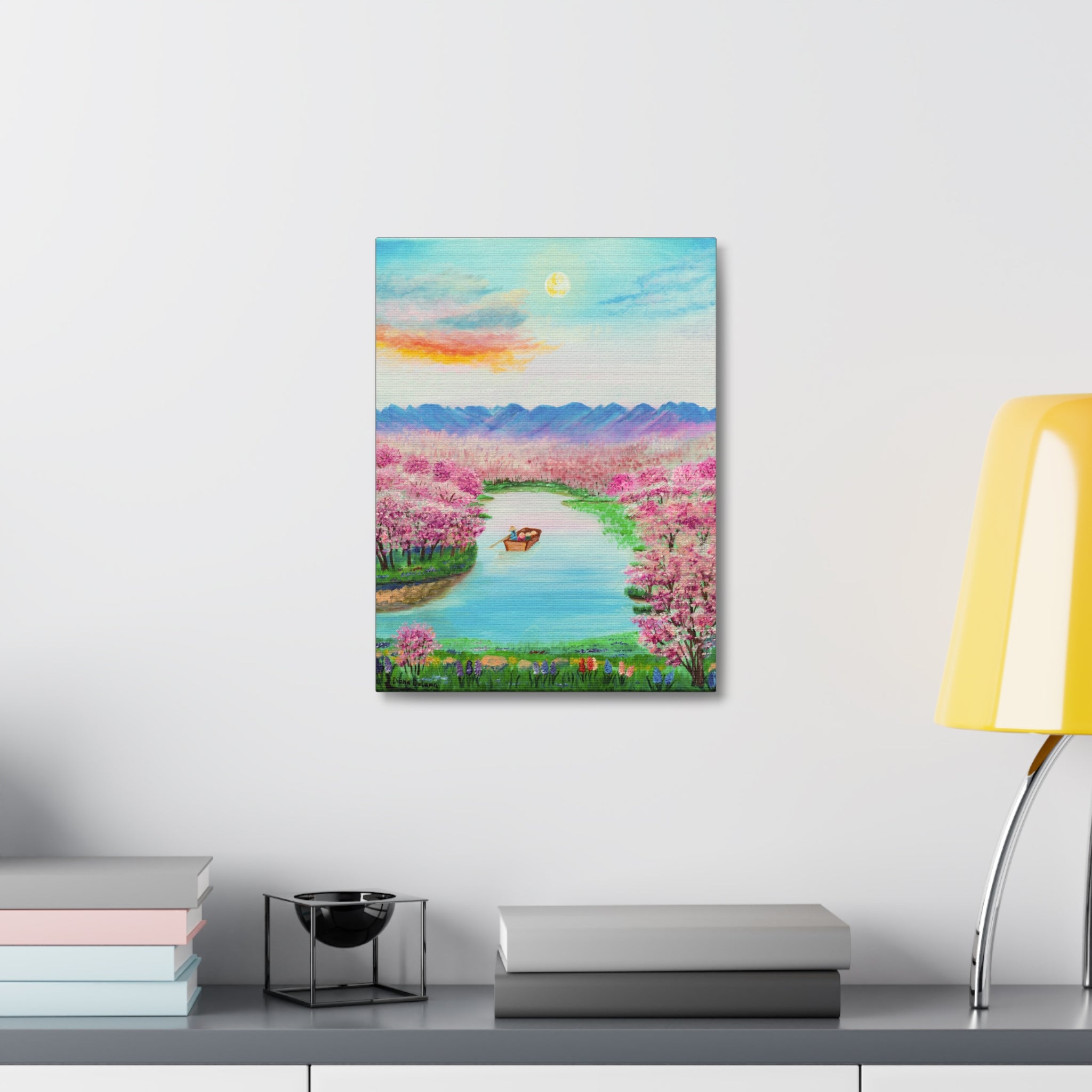 Cherry Blossom River Stretched Canvas Wall Art — Serene Boat Landscape Print
