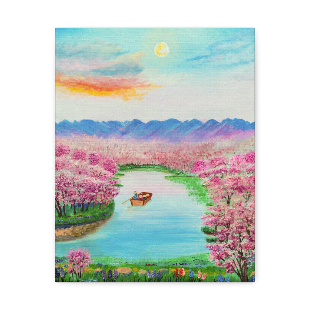 Cherry Blossom River Stretched Canvas Wall Art — Serene Boat Landscape Print