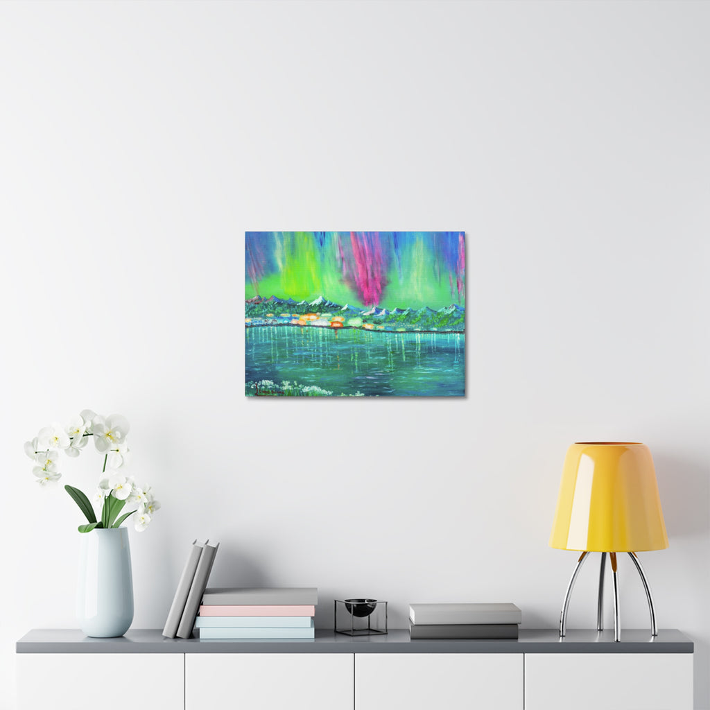 Aurora Lake Stretched Canvas - Vibrant Northern Lights Landscape Wall Art