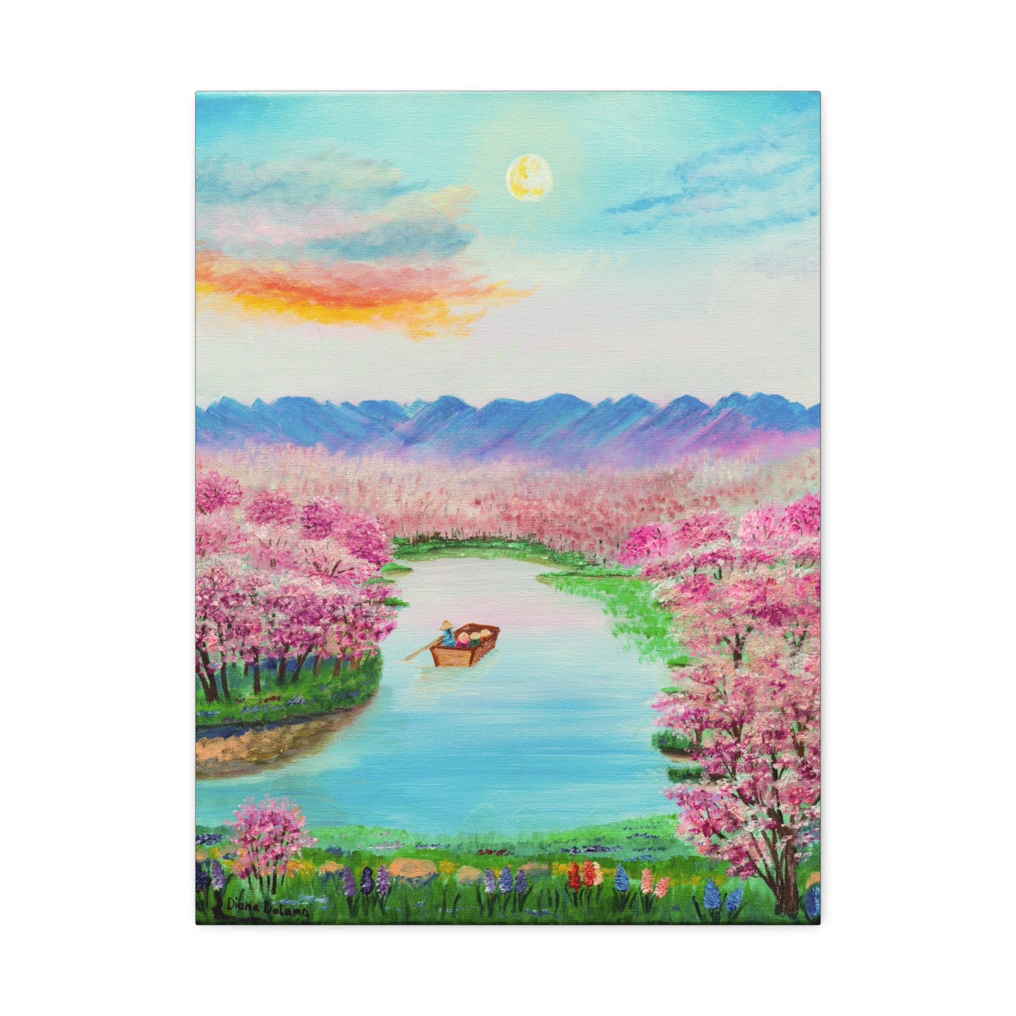 Cherry Blossom River Stretched Canvas Wall Art — Serene Boat Landscape Print