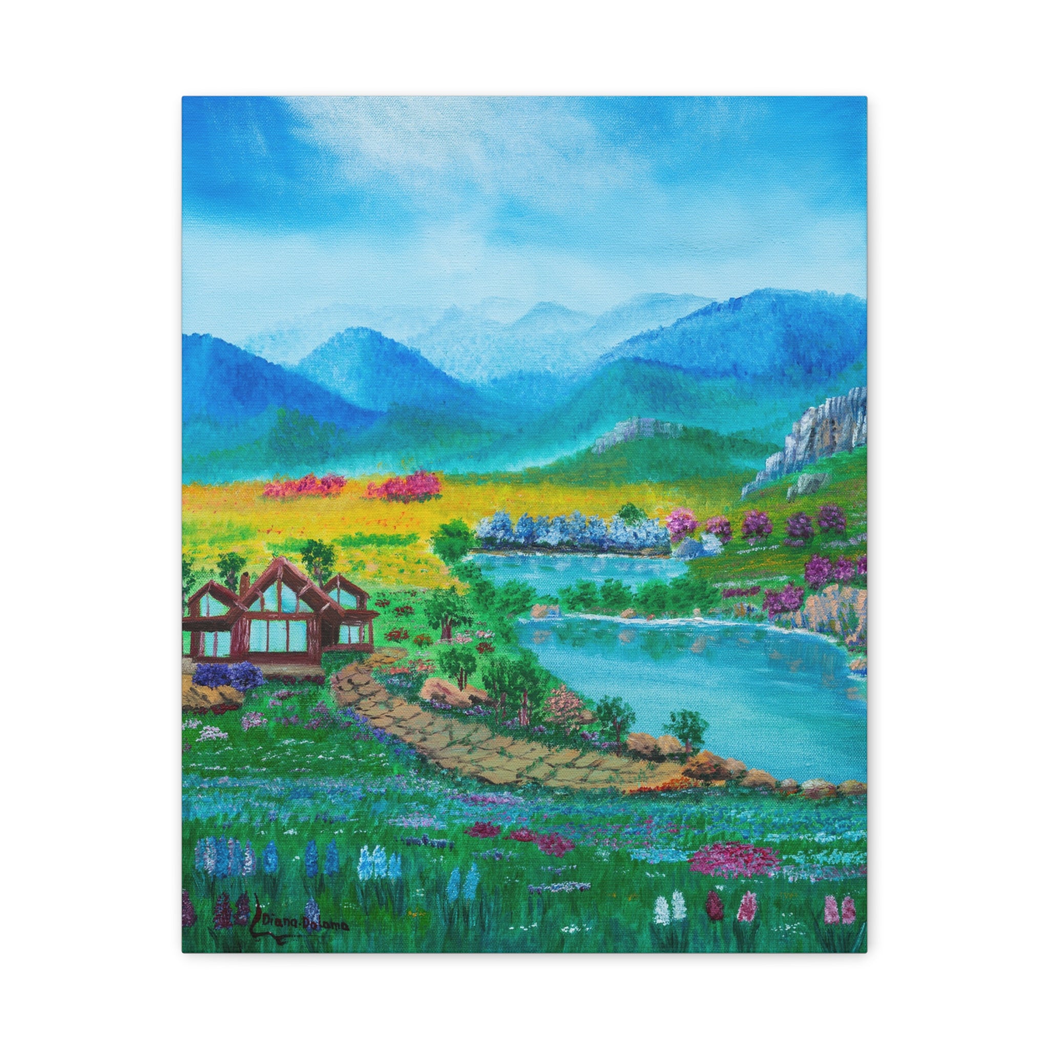 Tranquil Lakeside Cottage Canvas Art – Scenic Mountain Meadow Wall Decor