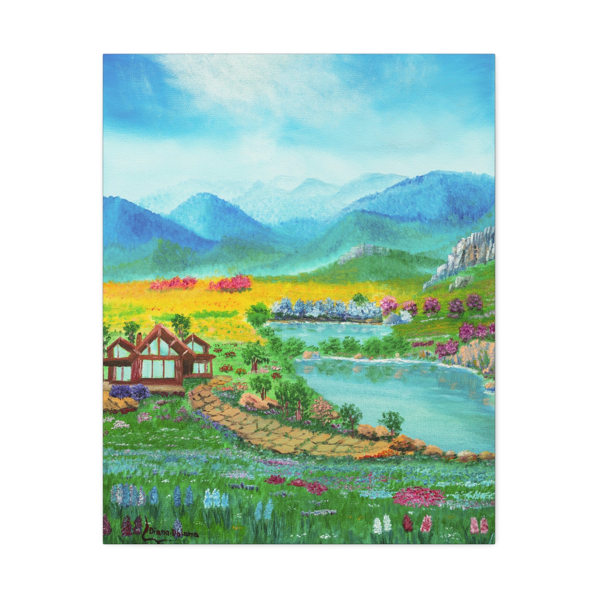 Countryside Lake Stretched Canvas – Spring Meadow Landscape Wall Art