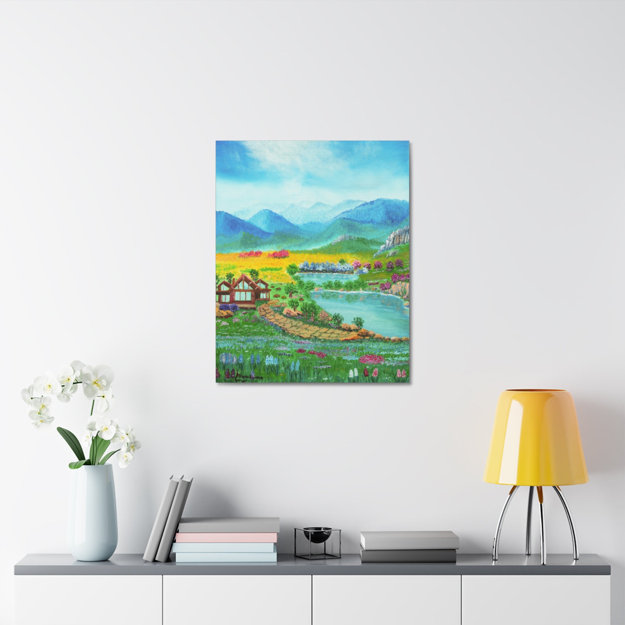 Countryside Lake Stretched Canvas – Spring Meadow Landscape Wall Art