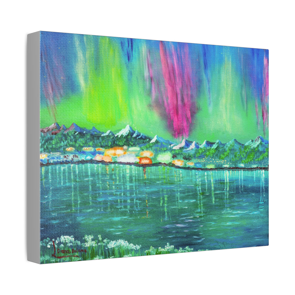 Aurora Lake Stretched Canvas - Vibrant Northern Lights Landscape Wall Art