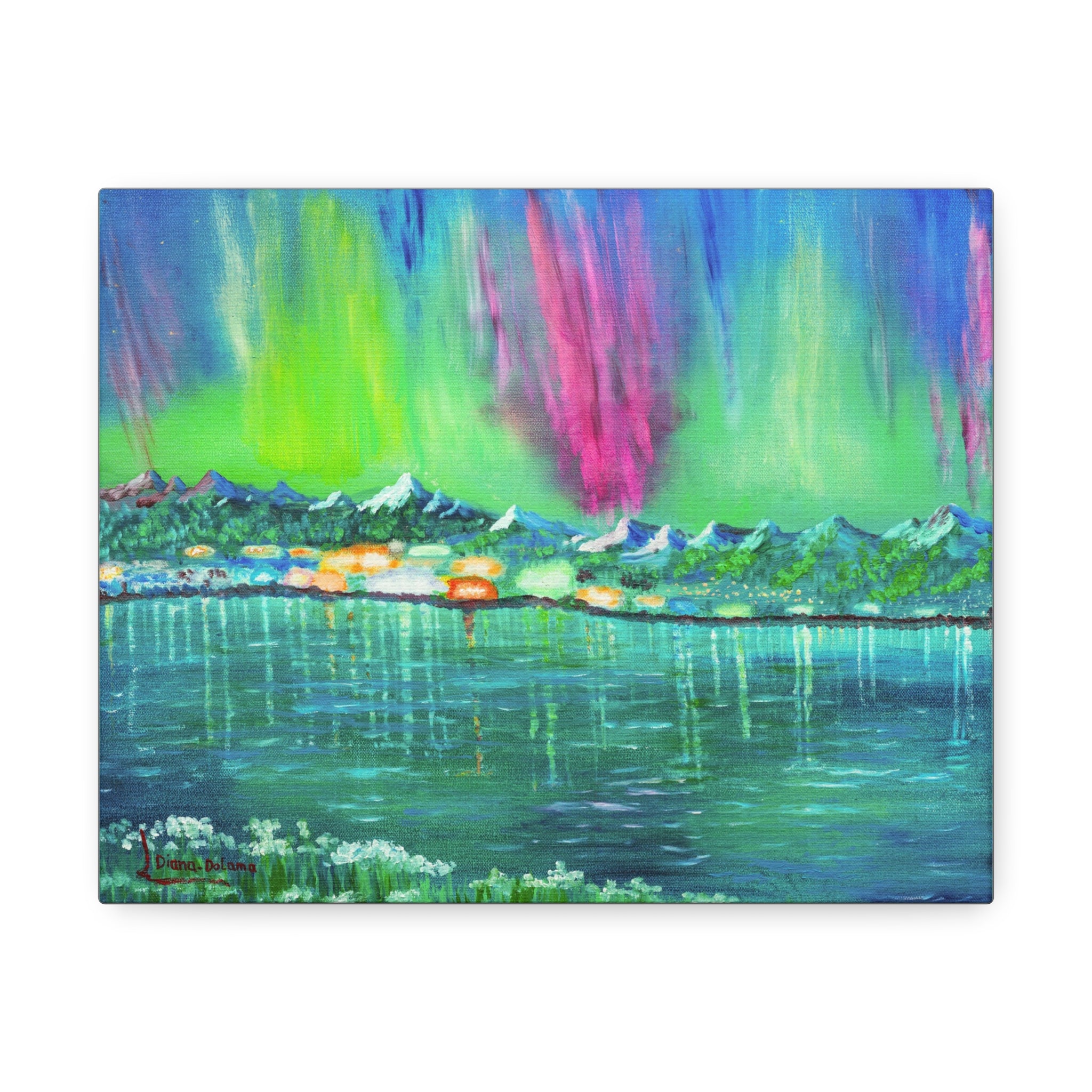 Aurora Lake Stretched Canvas - Vibrant Northern Lights Landscape Wall Art