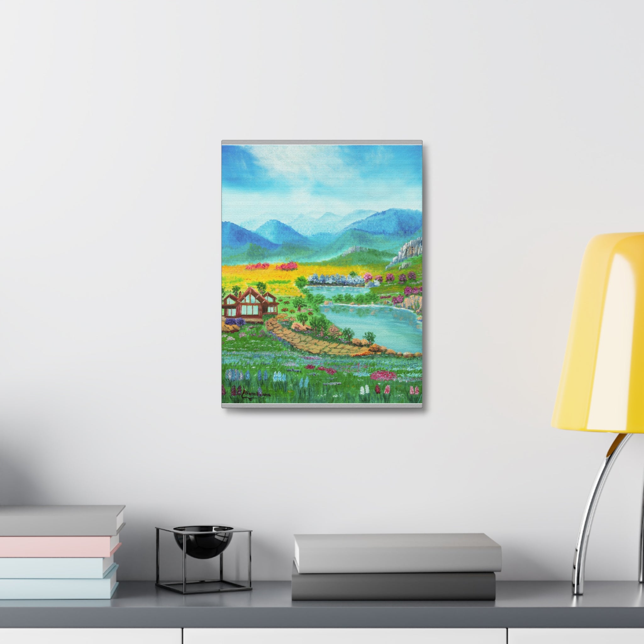 Countryside Lake Stretched Canvas – Spring Meadow Landscape Wall Art