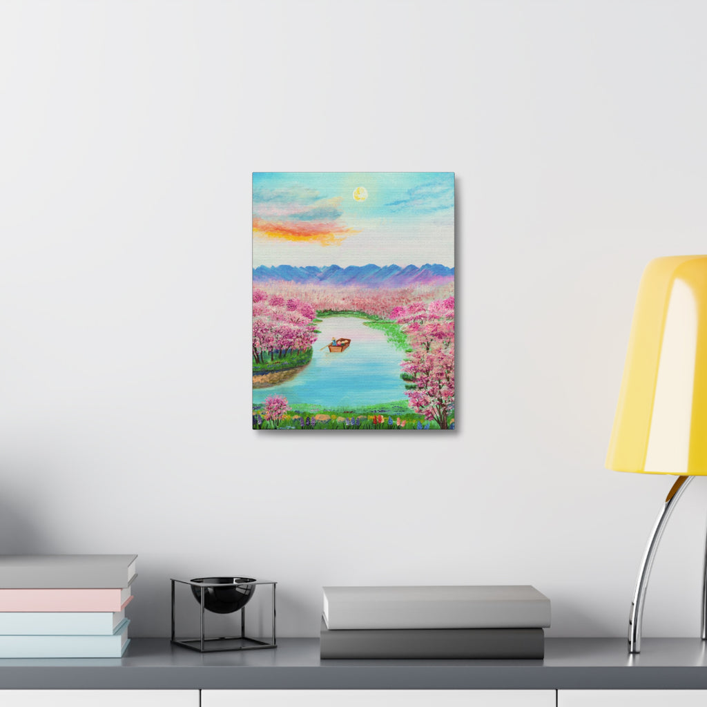 Cherry Blossom River Stretched Canvas Wall Art — Serene Boat Landscape Print