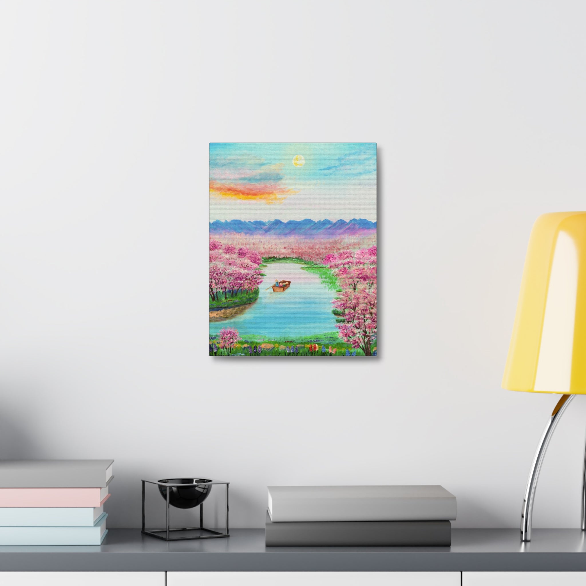 Cherry Blossom River Stretched Canvas Wall Art — Serene Boat Landscape Print