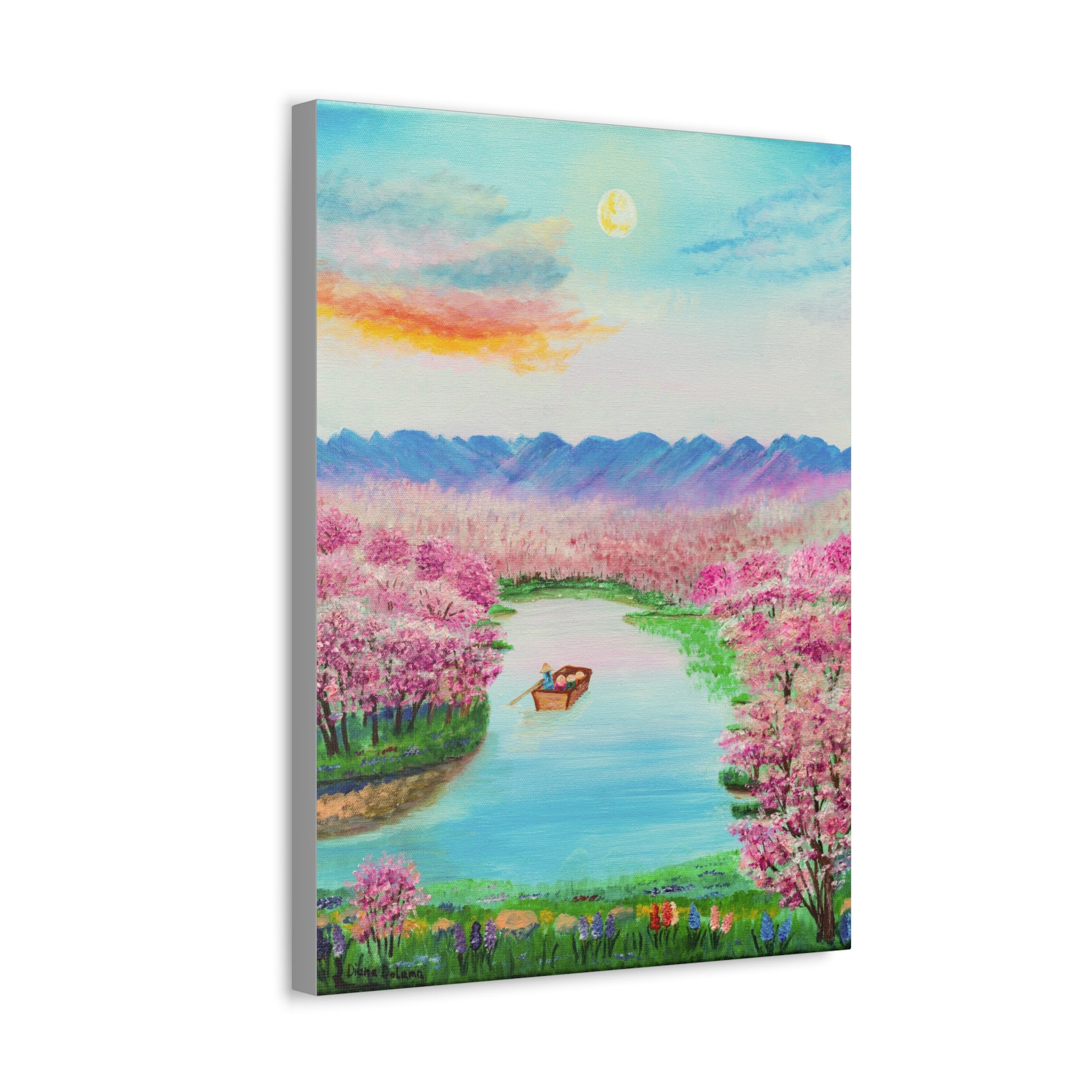 Cherry Blossom River Stretched Canvas Wall Art — Serene Boat Landscape Print
