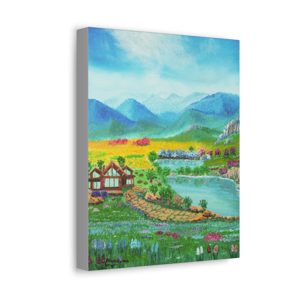 Countryside Lake Stretched Canvas – Spring Meadow Landscape Wall Art