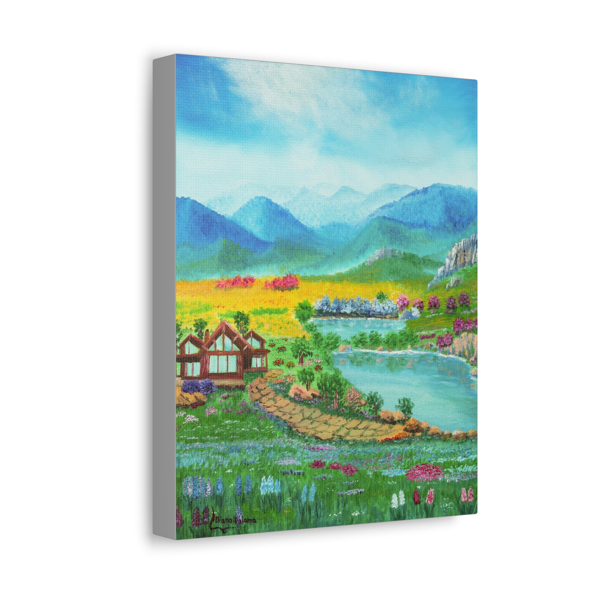 Countryside Lake Stretched Canvas – Spring Meadow Landscape Wall Art