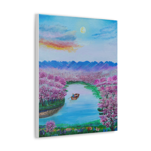 Cherry Blossom River Canvas Print — Serene Boat Landscape Wall Art