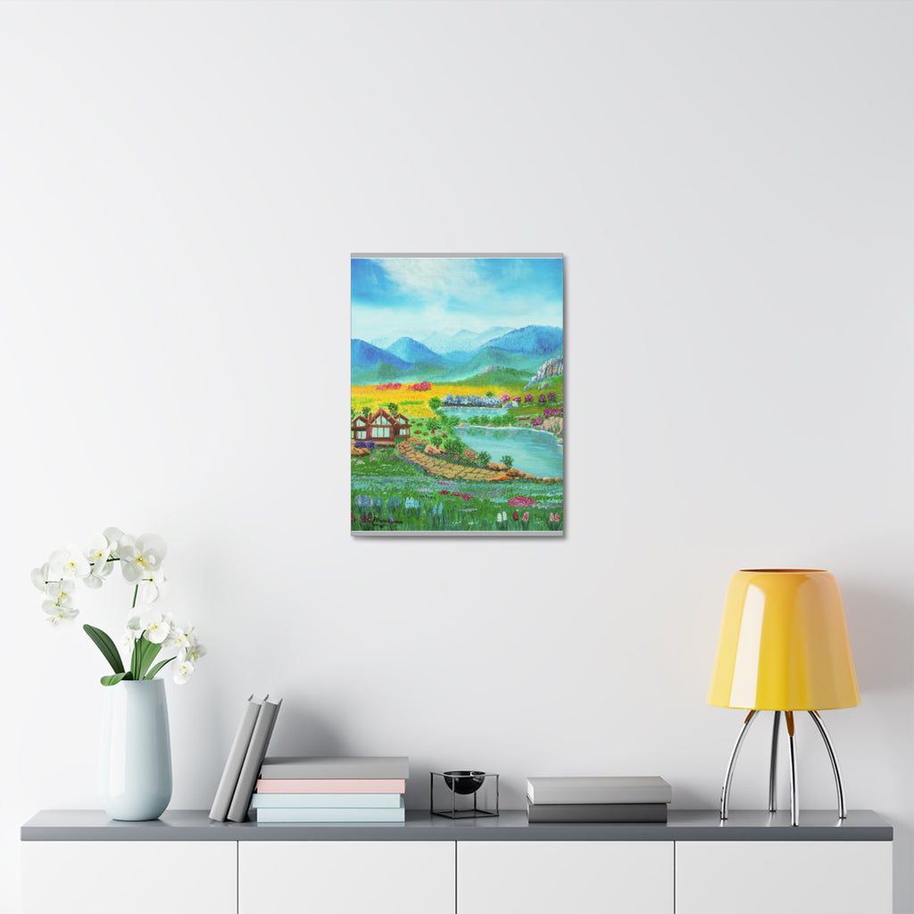 Countryside Lake Stretched Canvas – Spring Meadow Landscape Wall Art