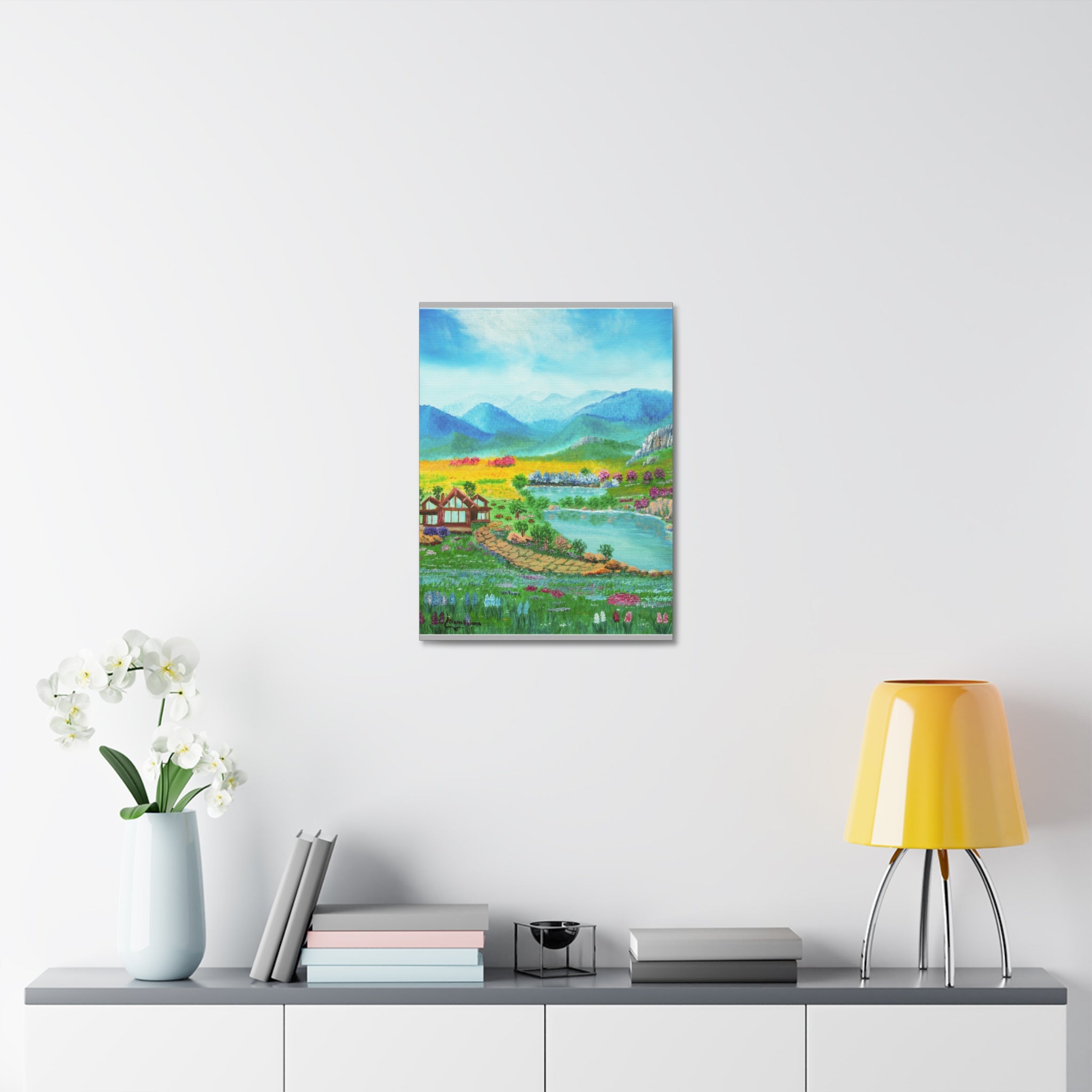 Countryside Lake Stretched Canvas – Spring Meadow Landscape Wall Art