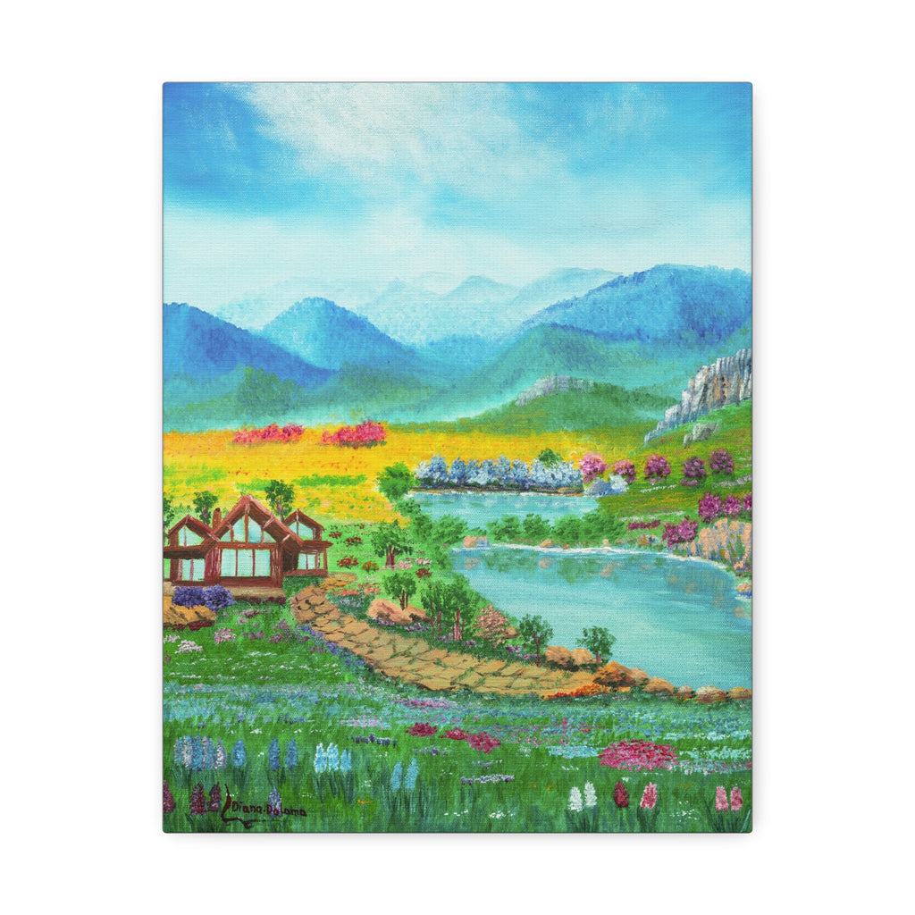 Countryside Lake Stretched Canvas – Spring Meadow Landscape Wall Art
